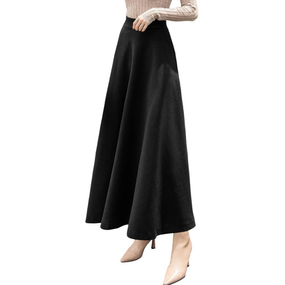 Wool Blend Maxi Skirt A-Line Swing Pleated High Waist Flowy